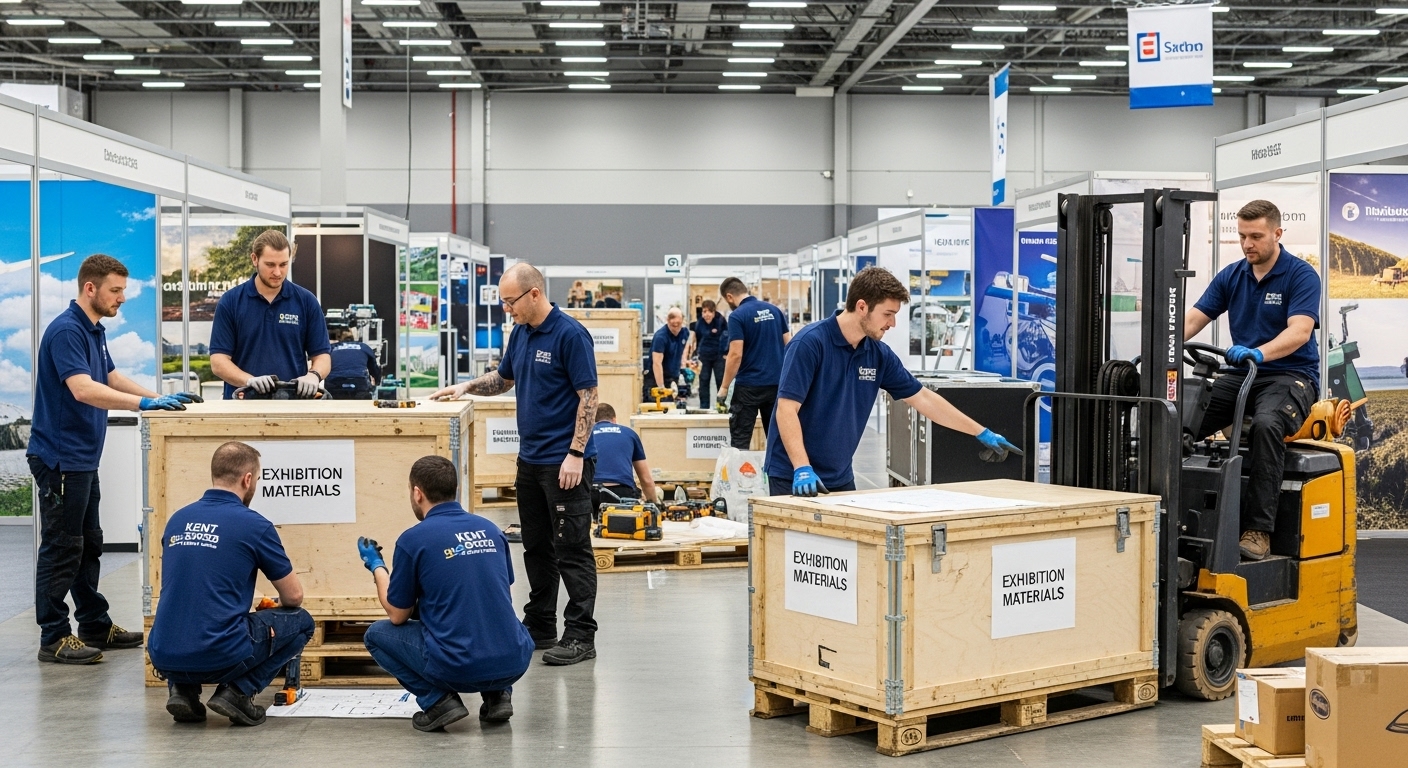 Professional setup team managing exhibition logistics in Kent
